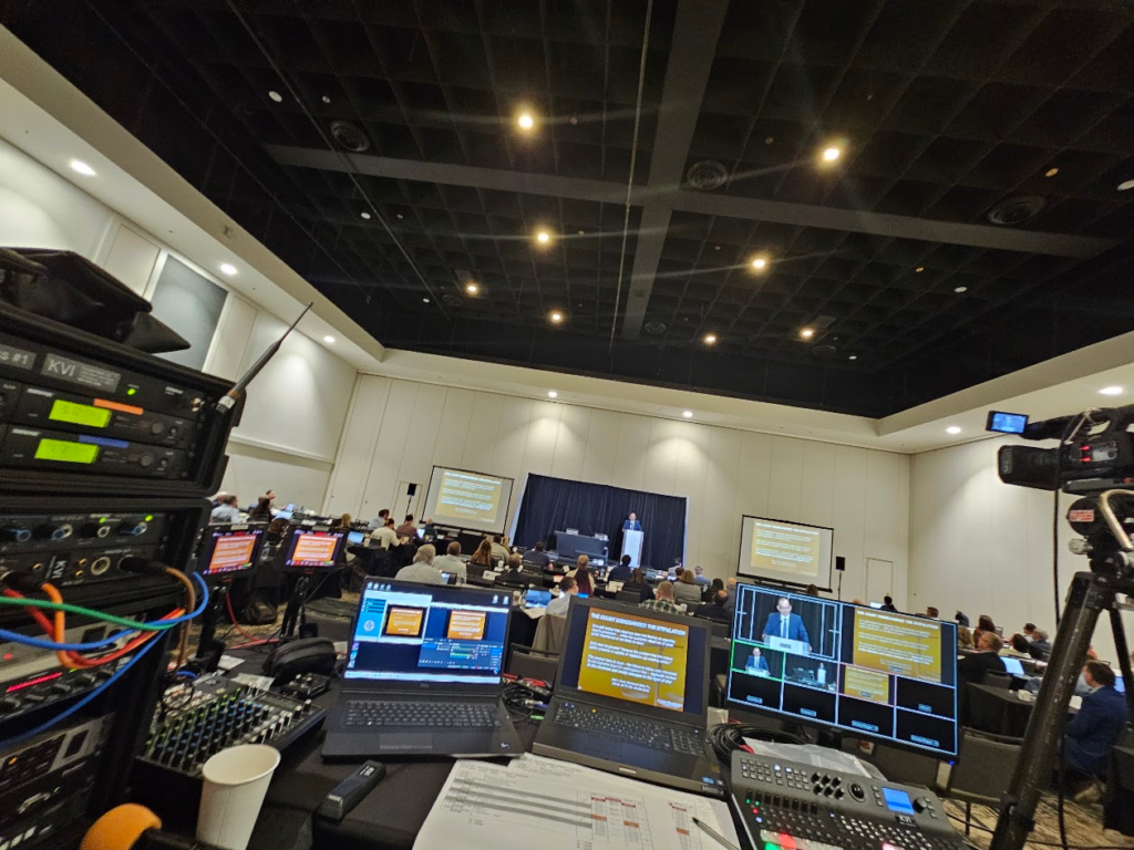 Corporate conference control position with multiple laptops and switcher